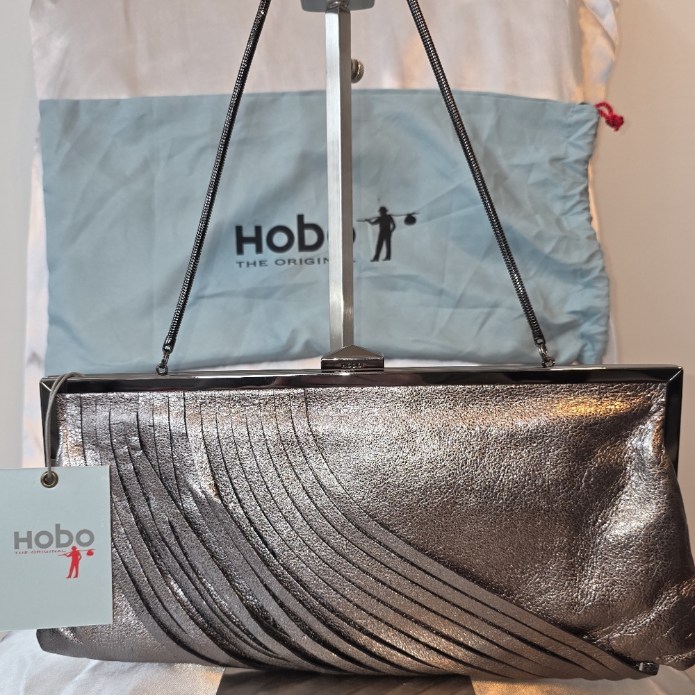 HOBO The Original Hematite Metallic Leather Fringe Frame Clutch NWT